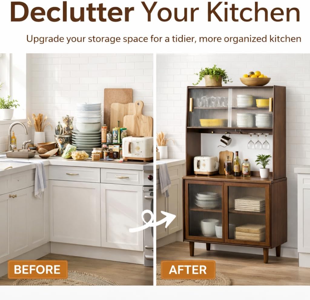 Welnown Kitchen Hutch Cabinet with Countertop, 31' Tall Pantry Storage Cabinet, Rattan Solid Wood Buffet Sideboard, Entryway Storage Table for Living Room, Dining Room, Hallway, Walnut