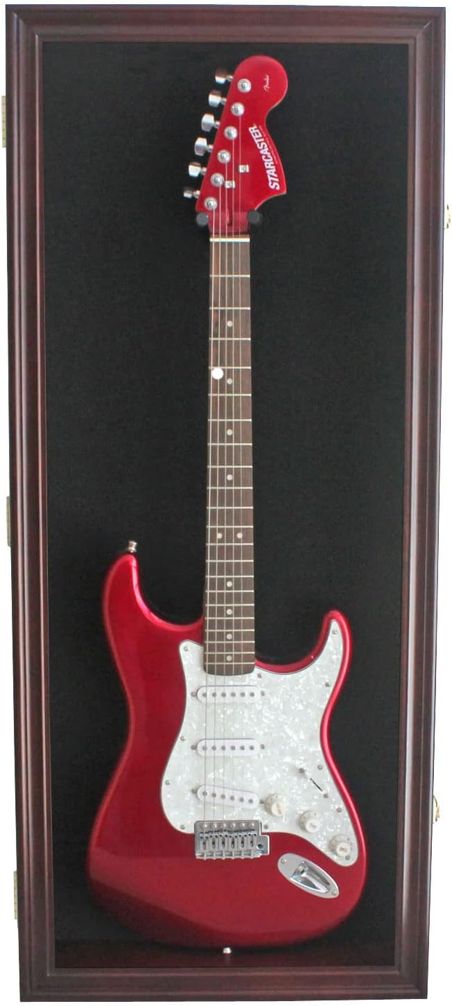 DisplayGifts 42' Electric Guitar Display Case Cabinet Shadow Box with Guitar Hanger Stand, Lockable UV Protection Black Felt Interior with Mahogany Finish Frame