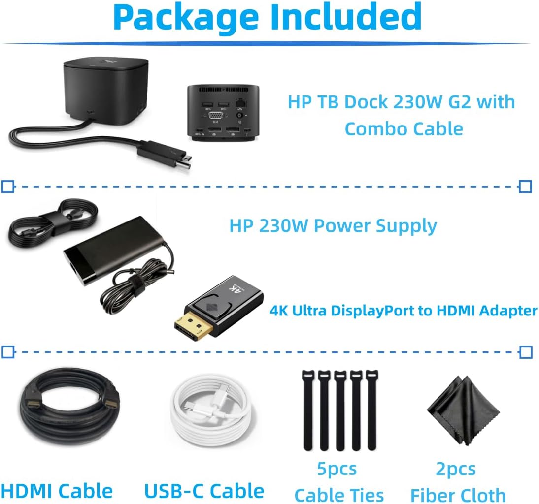 Genuine HP Thunderbolt Dock 230W G2 with Combo Cable 3TR87AA 3TR87AAR 3TR87AA#ABA w/ 230W Power Supply, HDMI Cable, 4K Ultra DisplayPort to HDMI Adapter, USB C Cable