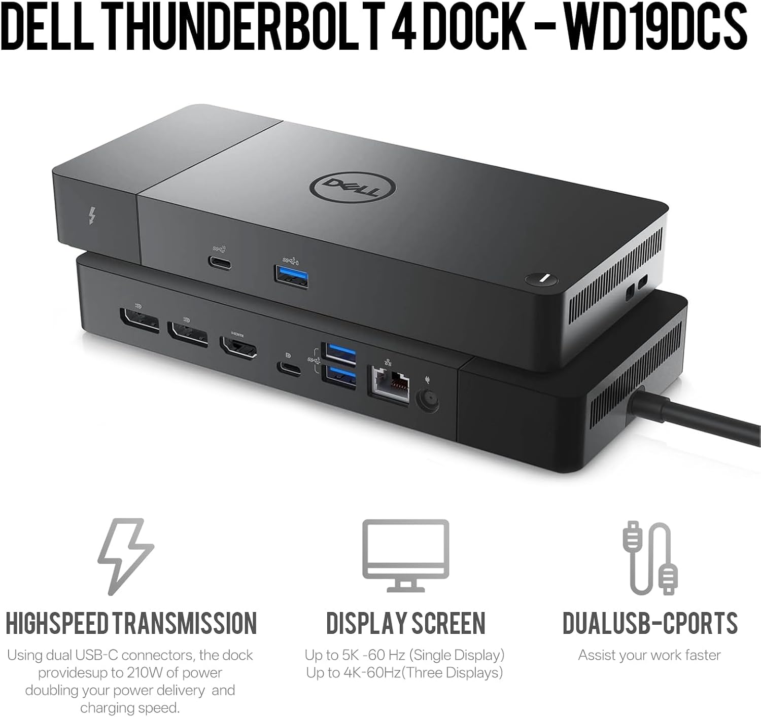 WD19DCS Dell Docking Station, Performance Dock WD19DCS - 3 Year Warranty, with 240W Power Adapter + 210W Power Delivery + ZoomSpeed HDMI & DisplayPort Cable + USB-C Cable - New