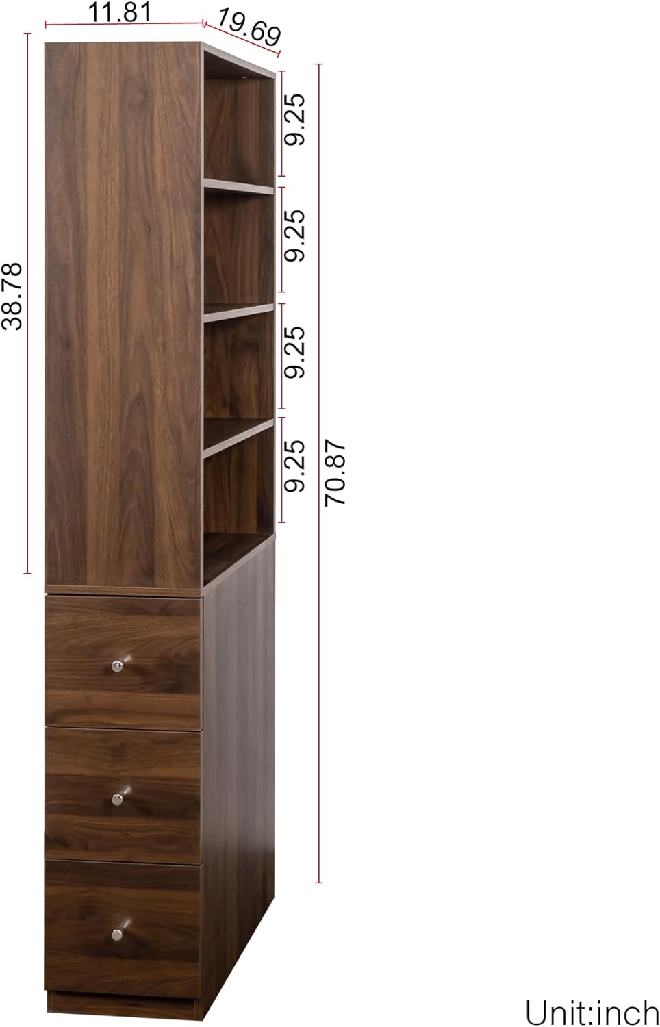 JOSHEN 71' Modern Wooden Melamine Finish Showcase Cabinet, Lego Display Case with 4-Tier Shelves, Lego Display Shelves with 3 Side Drawers for Living Rooms, Home Offices, Kitchens, Walnut