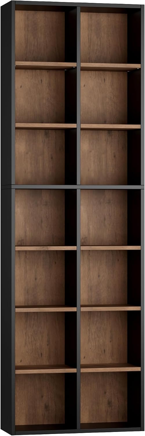 FOTOSOK 71'' Tall Bookshelf with 14 Cubes, 7 Tier Double Wide Wood Bookshelf with 6 Adjustable Shelves, 19.6' Narrow Bookcase DVD/CD Media Storage, Space Saving Display Shelf Cabinet, Black/Brown