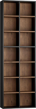FOTOSOK 71'' Tall Bookshelf with 14 Cubes, 7 Tier Double Wide Wood Bookshelf with 6 Adjustable Shelves, 19.6' Narrow Bookcase DVD/CD Media Storage, Space Saving Display Shelf Cabinet, Black/Brown