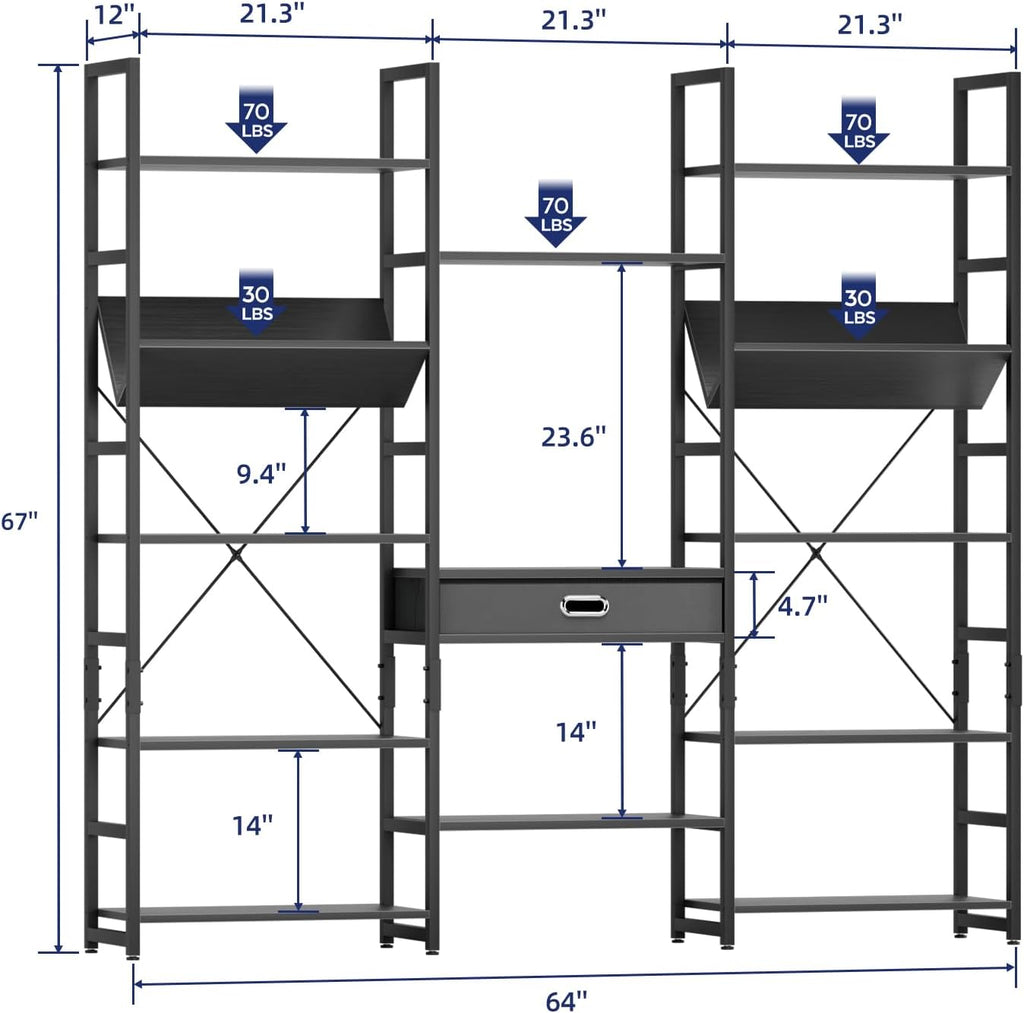 NUMENN Bookcases and Bookshelves Triple Wide 5 Tier Bookshelf, Large Etagere Bookshelf with Storage Drawer, Adjustable Open Display Shelves for Living Room, Bedroom, Home Office, Black