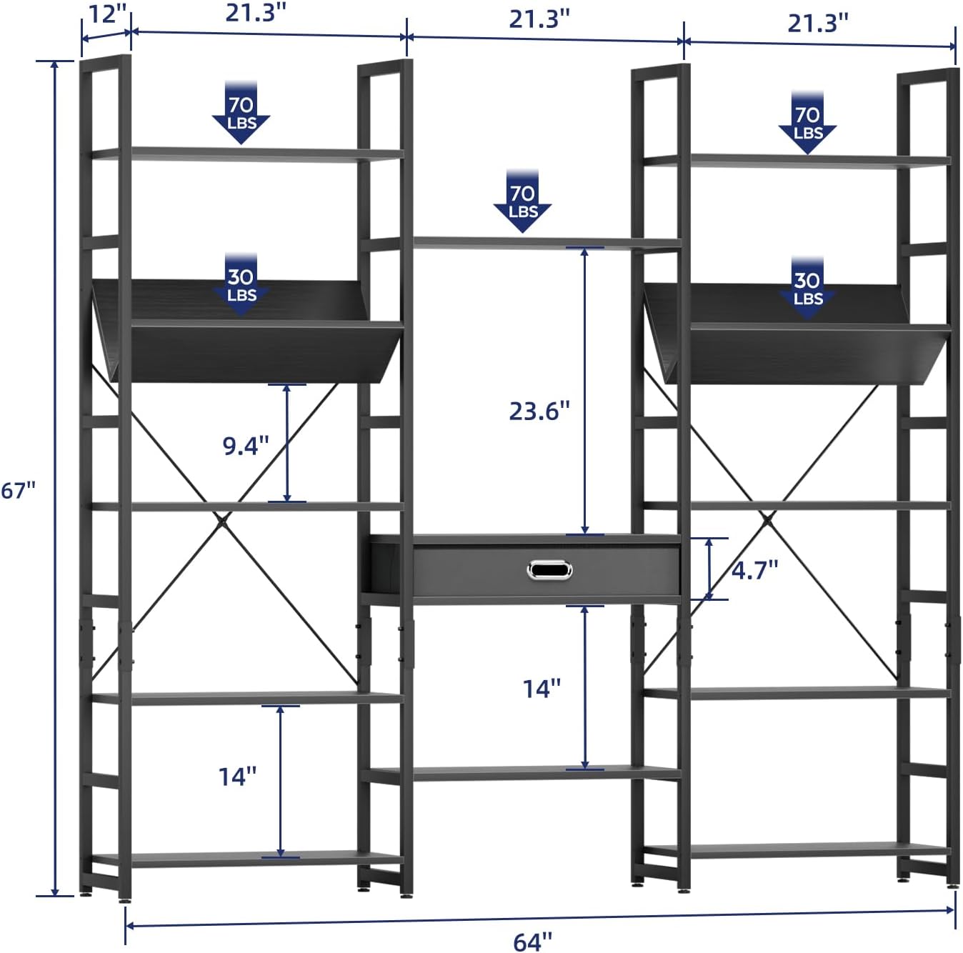 NUMENN Bookcases and Bookshelves Triple Wide 5 Tier Bookshelf, Large Etagere Bookshelf with Storage Drawer, Adjustable Open Display Shelves for Living Room, Bedroom, Home Office, Black