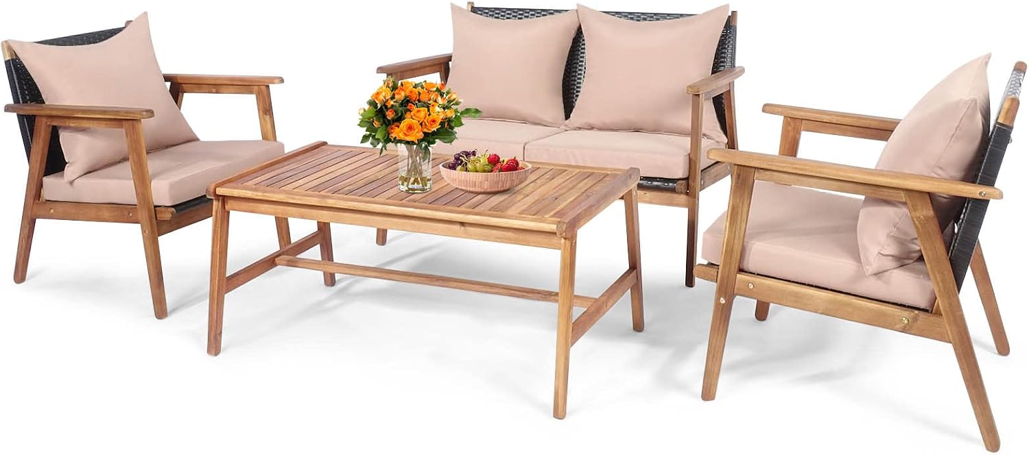 Tangkula 4-Piece Patio Furniture Set, Outdoor Acacia Wood Conversation Set with Cushions and Coffee Table, Outdoor PE Wicker Sectional Sofa Set for Garden, Poolside and Backyard (1, Beige)