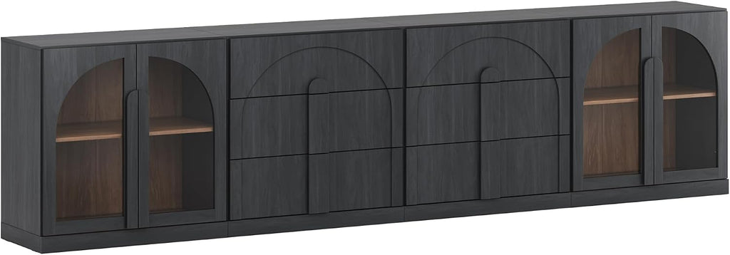 BELLEZE 4-Piece Modular Sideboard Buffet Cabinet Freely Configurable, Glass Door Storage with Adjustable Shelf and 3-Drawer Storage, Media Console Credenza for Living Room Kitchen, Ebony
