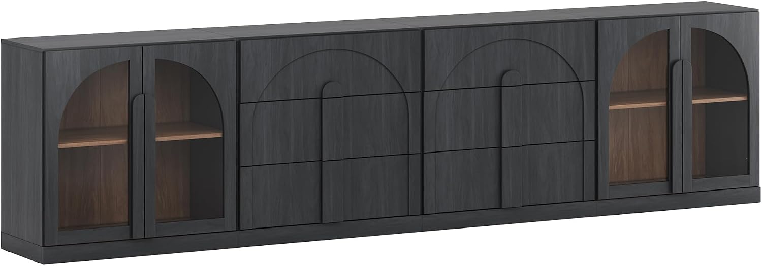 BELLEZE 4-Piece Modular Sideboard Buffet Cabinet Freely Configurable, Glass Door Storage with Adjustable Shelf and 3-Drawer Storage, Media Console Credenza for Living Room Kitchen, Ebony