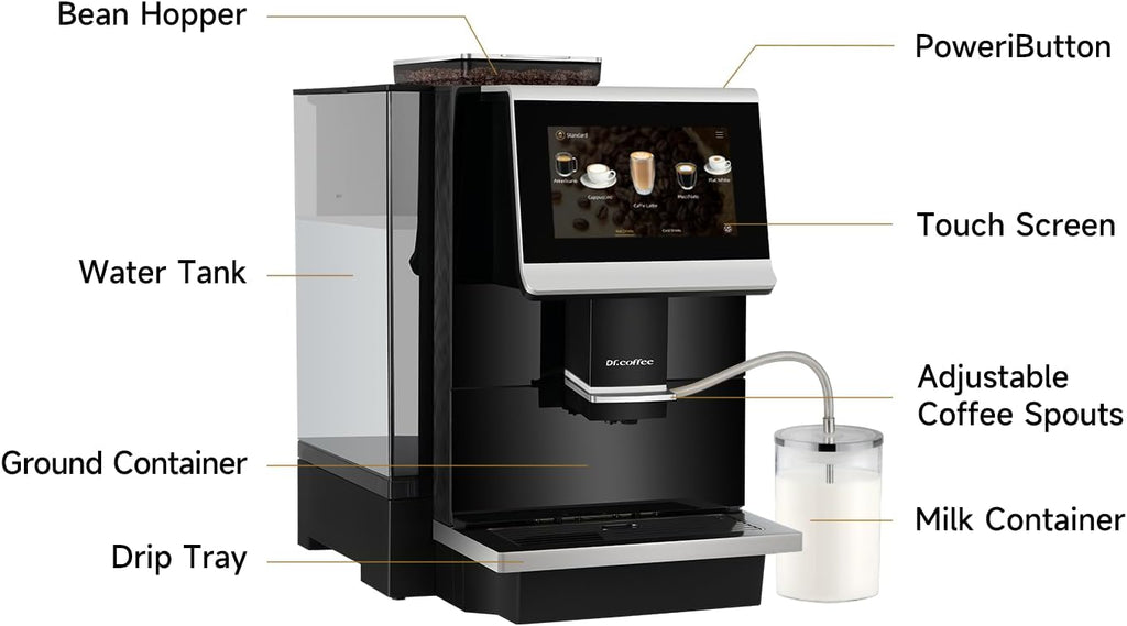 DR.COFFEE C12 Fully Automatic Coffee Machine, Espresso Machine With Ceramic Flat Burrs, 9 Grind Size Options, 7' HD Large Touchscreen, 4 Water Tank for Office Use