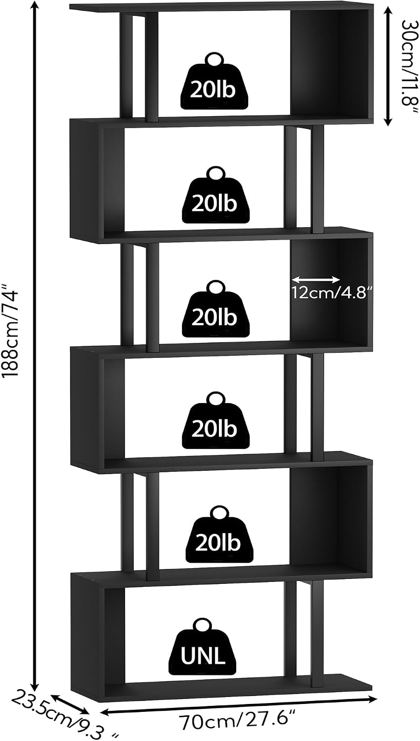 Yusong S Shaped Bookshelf, Modern Geometric Bookcase, 6-Tier Black Display Case Book Shelf