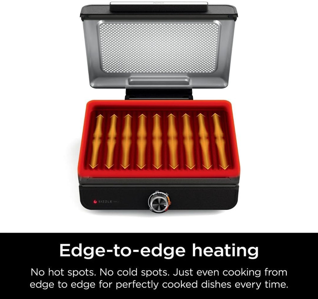 Ninja Sizzle GR100 Smokeless Indoor Grill, 500°F High Heat Kitchen Grill with Nonstick 14-Inch Plate, Low-Smoke Technology, Edge-to-Edge Heating, Family-Sized Capacity, Countertop Cooking Tool