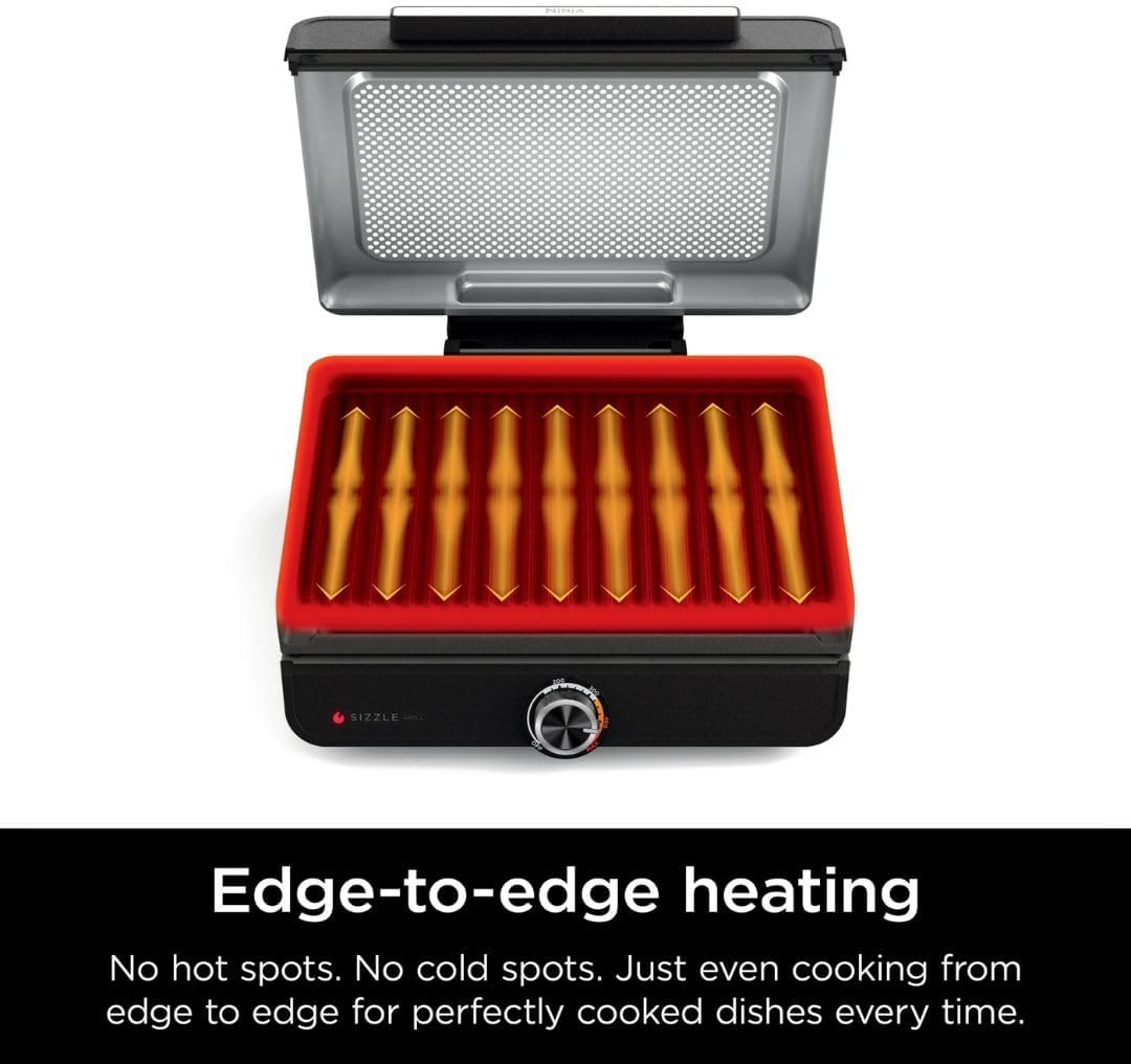 Ninja Sizzle GR100 Smokeless Indoor Grill, 500°F High Heat Kitchen Grill with Nonstick 14-Inch Plate, Low-Smoke Technology, Edge-to-Edge Heating, Family-Sized Capacity, Countertop Cooking Tool