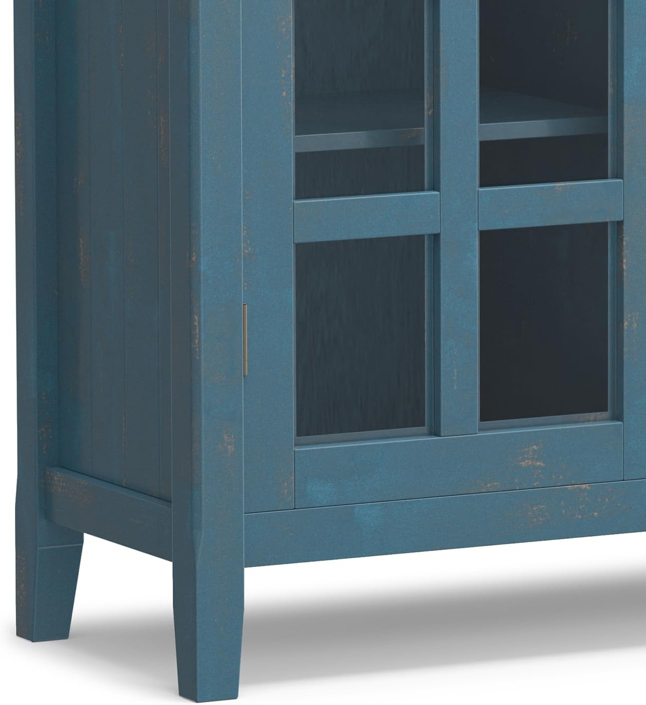 SIMPLIHOME Acadian Storage Cabinet - 39 inch Wide Solid Wood 6-Shelf Medium Storage Cabinet in Distressed Coastal Blue, Transitional Cabinet with Glass Doors for Living Room with Adjustable Shelves