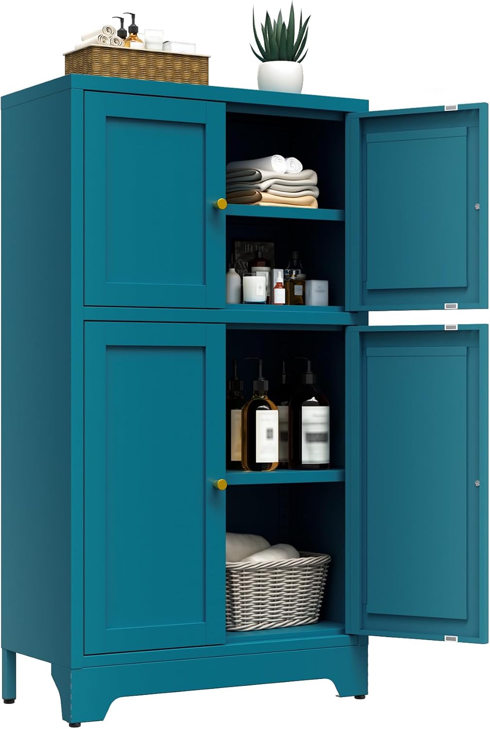 Bevivog Bathroom Floor Storage Cabinet,Metal Accent Cabinets with 4 Doors and 2 Adjustable Shelves,Blue Storage Locker Cabinets Organizer for Pantry Kitchen,Living Room,Hallway, Restroom