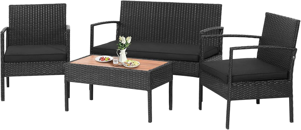 Tangkula 4 Piece Patio Rattan Conversation Set, Outdoor Wicker Sofa Furniture with Loveseat & 2 Single Chairs, Acacia Wood Tabletop, Outside Sectional for Poolside, Deck, Garden (1, Black)