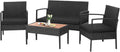 Tangkula 4 Piece Patio Rattan Conversation Set, Outdoor Wicker Sofa Furniture with Loveseat & 2 Single Chairs, Acacia Wood Tabletop, Outside Sectional for Poolside, Deck, Garden (1, Black)