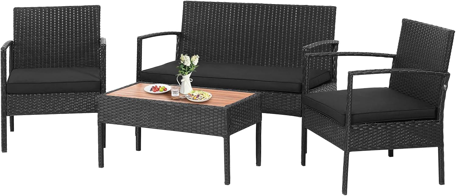 Tangkula 4 Piece Patio Rattan Conversation Set, Outdoor Wicker Sofa Furniture with Loveseat & 2 Single Chairs, Acacia Wood Tabletop, Outside Sectional for Poolside, Deck, Garden (1, Black)