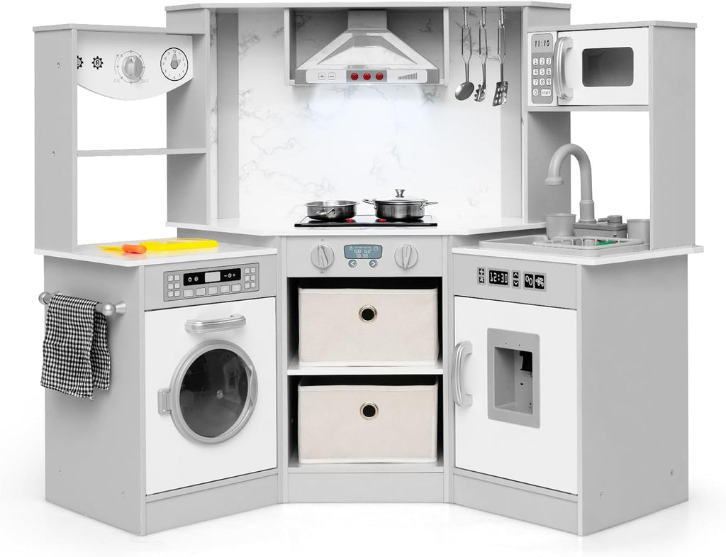 INFANS Kids Kitchen Playset with Real Running Water, Ultimate Wooden Corner Pretend Cooking Set with Simulation Light Sound Stove Storage Cabinet, Play Toy Gift