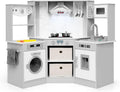 INFANS Kids Kitchen Playset with Real Running Water, Ultimate Wooden Corner Pretend Cooking Set with Simulation Light Sound Stove Storage Cabinet, Play Toy Gift
