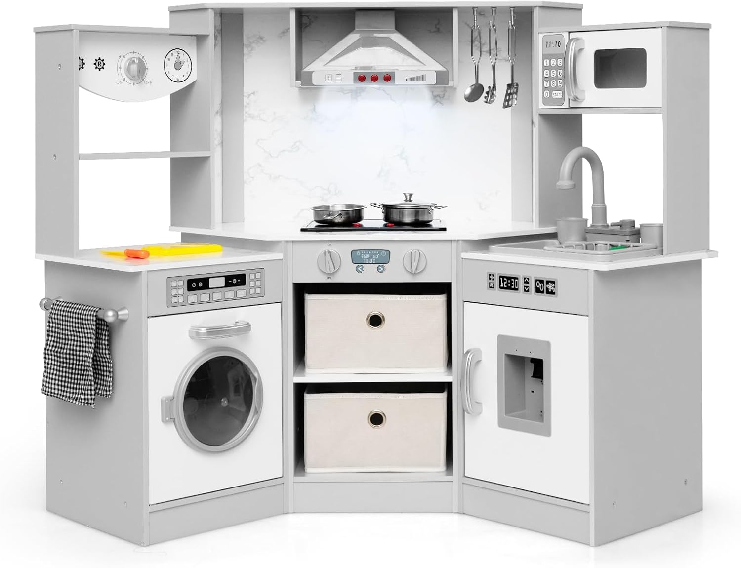 INFANS Kids Kitchen Playset with Real Running Water, Ultimate Wooden Corner Pretend Cooking Set with Simulation Light Sound Stove Storage Cabinet, Play Toy Gift