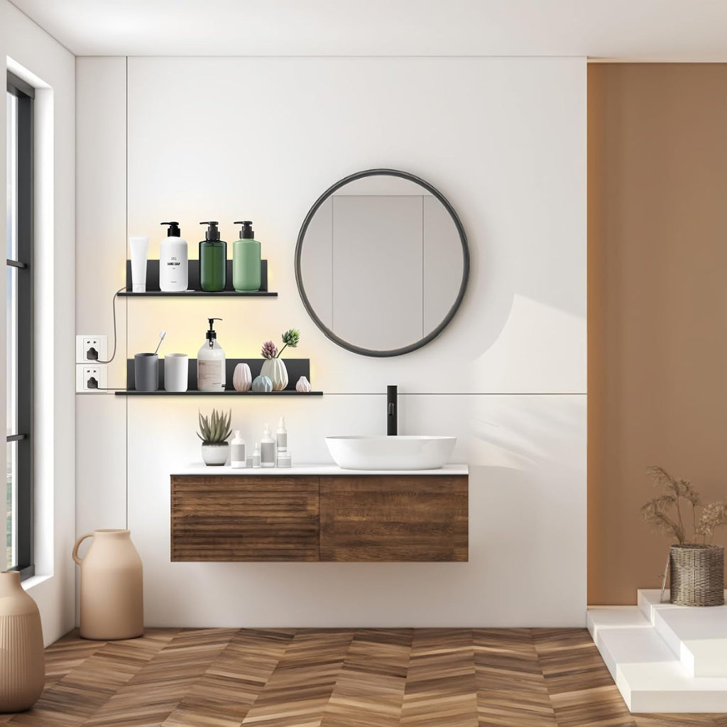 Floating Display Shelf with Built-in Illuminated LED Light and Transformer, Metal Wall Mounted Light-Emitting Shelves, Lighted Display Stand for Entrance Bar Countertop Bathroom