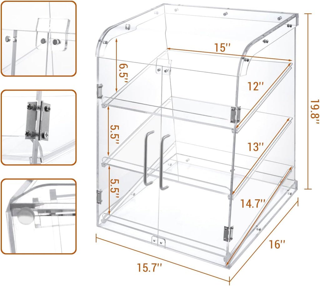 Pastry Display Case,Cookie Display, Professional-Grade Retail Bakery Display Case,3 Tier Premium Clear Acrylic Bread Box,with Removable Trays and Magnetic Rear Doors for Home or Commercial Use