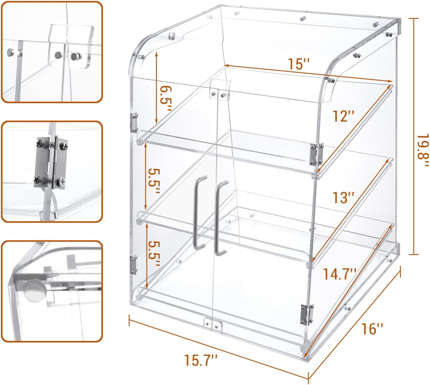 Pastry Display Case,Cookie Display, Professional-Grade Retail Bakery Display Case,3 Tier Premium Clear Acrylic Bread Box,with Removable Trays and Magnetic Rear Doors for Home or Commercial Use