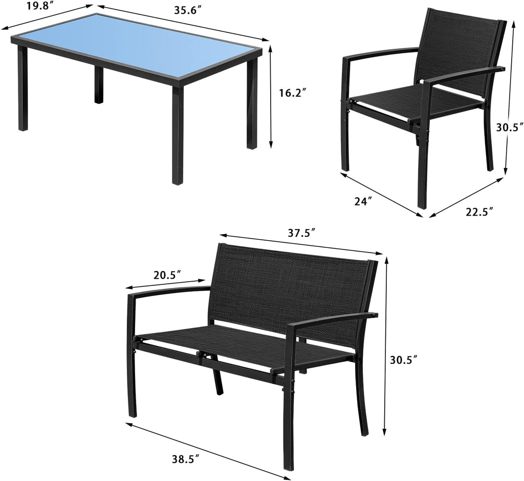Devoko Outdoor Furniture Set 4 Piece Patio Conversation Sets Porch Furniture with Lawn Chairs & Glass Coffee Table for Garden Poolside (Black)