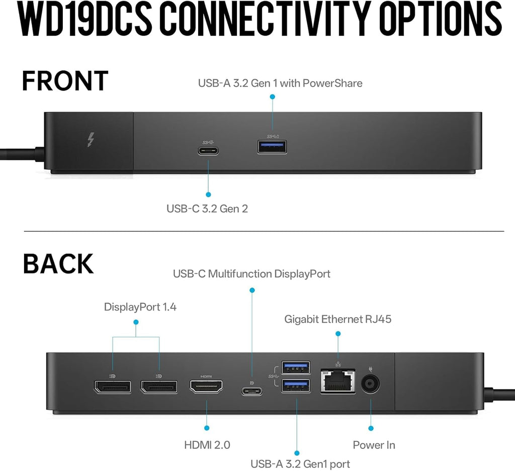 WD19DCS Dell Docking Station, Performance Dock WD19DCS - 3 Year Warranty, with 240W Power Adapter + 210W Power Delivery + ZoomSpeed HDMI & DisplayPort Cable + USB-C Cable - New