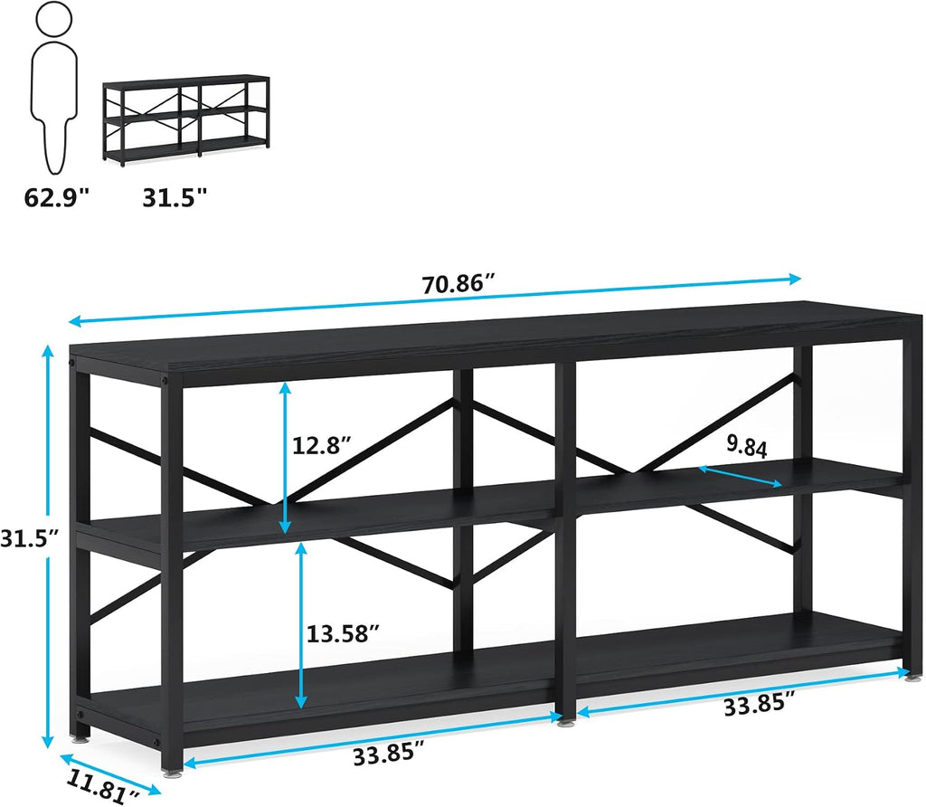 Tribesigns 70.9 Inch Extra Long Console Table, Modern Sofa Table Behind Couch Table with Storage Shelves, 3-Tier Industrial Hallway Entryway Table for Living Room, 3 Shelf Bookshelf(Black)