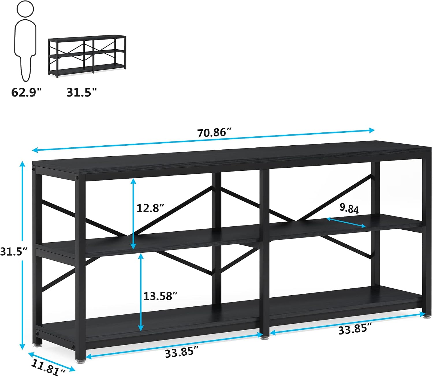 Tribesigns 70.9 Inch Extra Long Console Table, Modern Sofa Table Behind Couch Table with Storage Shelves, 3-Tier Industrial Hallway Entryway Table for Living Room, 3 Shelf Bookshelf(Black)
