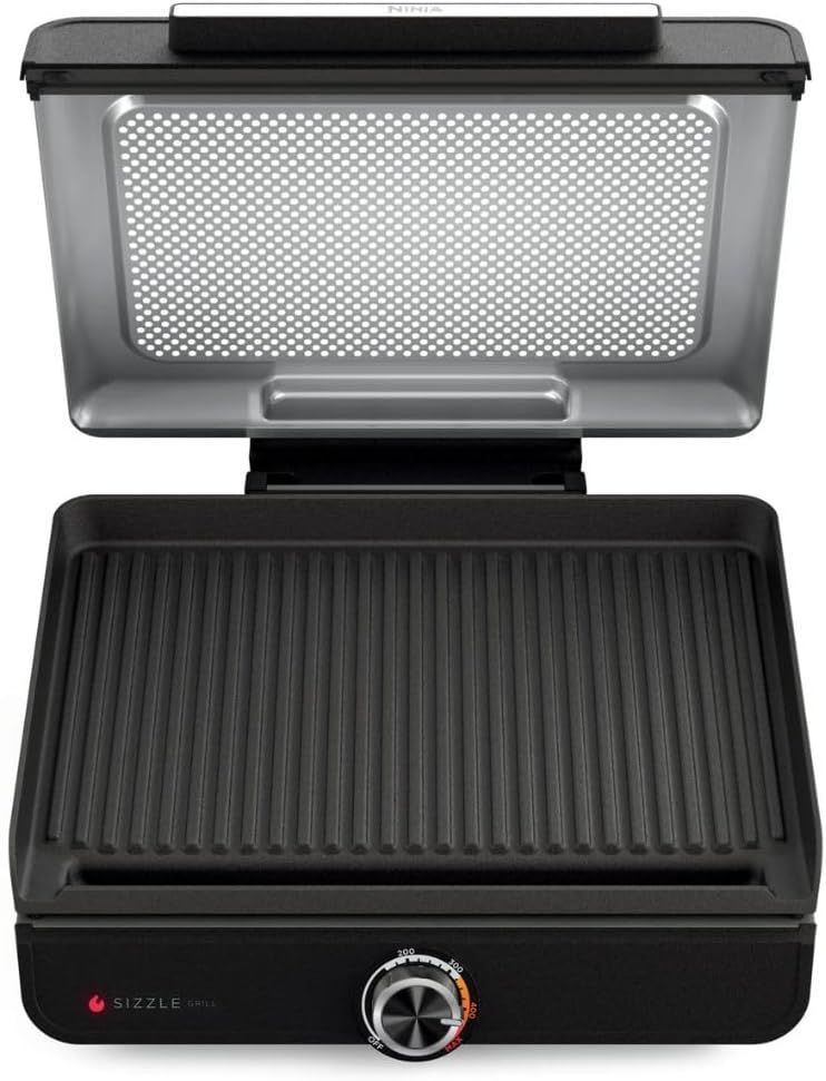 Ninja Sizzle GR100 Smokeless Indoor Grill, 500°F High Heat Kitchen Grill with Nonstick 14-Inch Plate, Low-Smoke Technology, Edge-to-Edge Heating, Family-Sized Capacity, Countertop Cooking Tool
