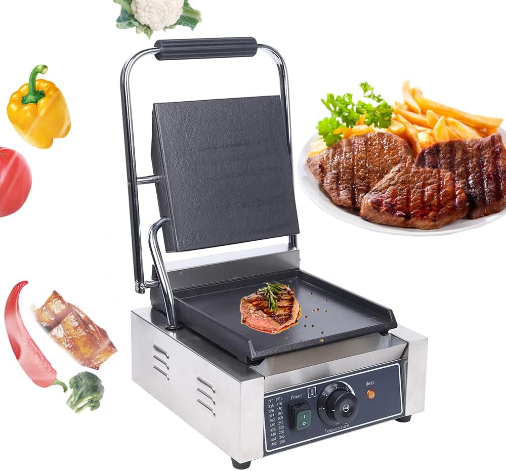 Panini Press Toaster Sandwich Maker, 110V 1800W Non-Stick Commercial Electric Griddle Contact Grill Grooved, for Hamburgers Steaks Bacons Sandwiches Sausages