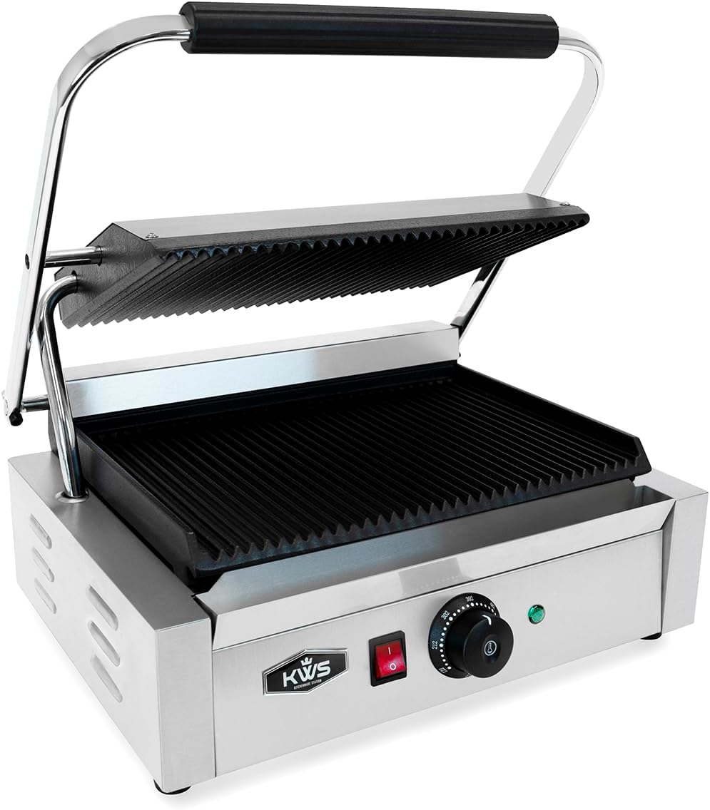 KWS PM-17 Premium 110V Electric Commercial 1700W Panini Grill with Grooved Plates - 13.5' x 9.25' Cooking Surface
