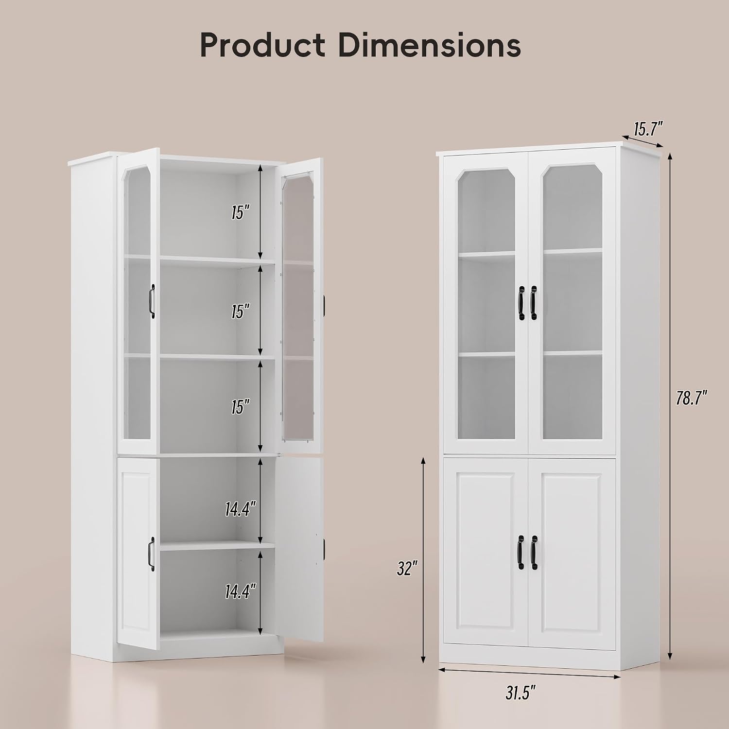 MU 78.7' Tall Kitchen Pantry with 2 Glass Doors, Freestanding China Cabinet with Adjustable Shelves, Large Kitchen Pantry Storage Cabinet Cupboard for Dining Room, Living Room, White (Large, 31.5' W)