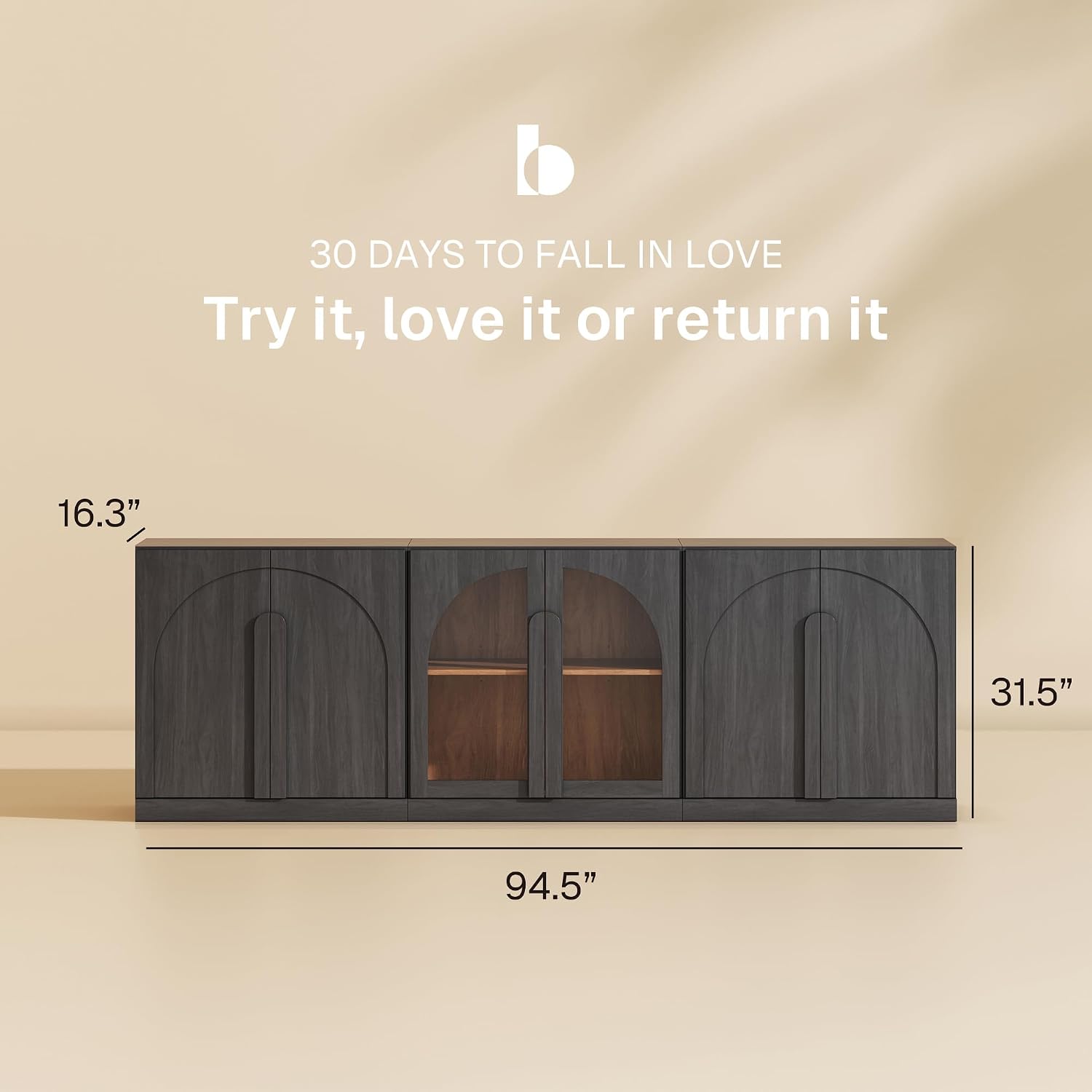 BELLEZE Modular 3-Piece Set Storage Cabinet, 2 Arched Wood Accent Cabinet and Display Glass Door Storage with Adjustable Shelf, Freely Configurable Sideboard for Living Room Kitchen, Ebony