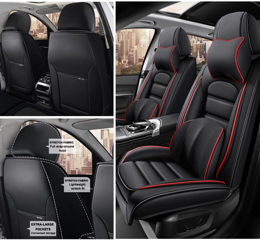 2 Seat Covers for Volvo XC90 2006-2024 Leather Car Seat Covers Waterproof Soft Car Seat Protectors Comfort Premium Automotive Seat Covers with Airbag（Luxury,Black+Red Bars）