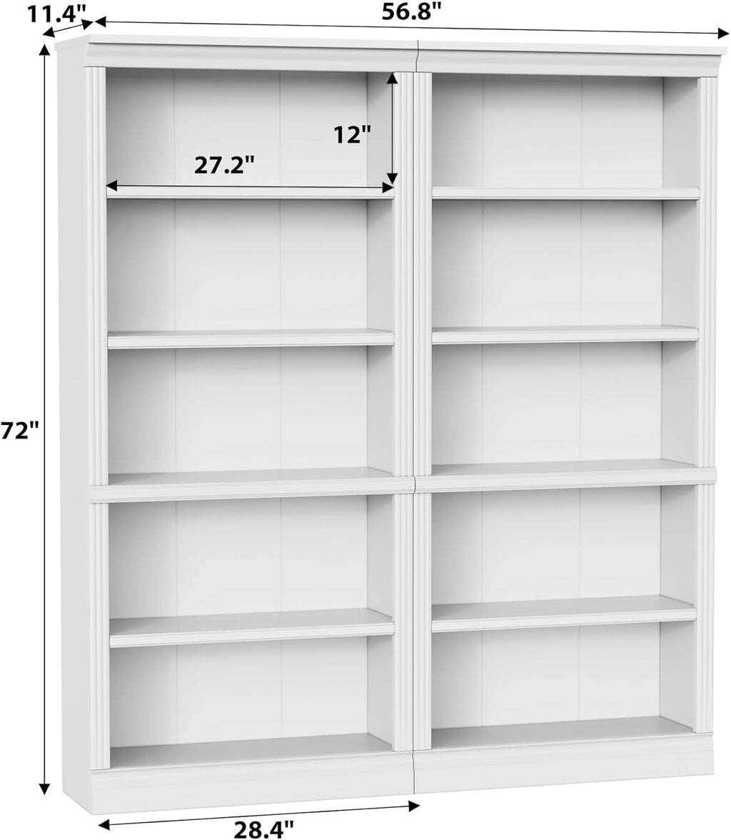 Furniwell Bookcase Bookshelves, 5-Shelf Tall Bookcase 71' Wood Open Display Floor Bookshelf, Large Storage Organizer for Library, Bedroom, Living Room, Set of 2 (White)