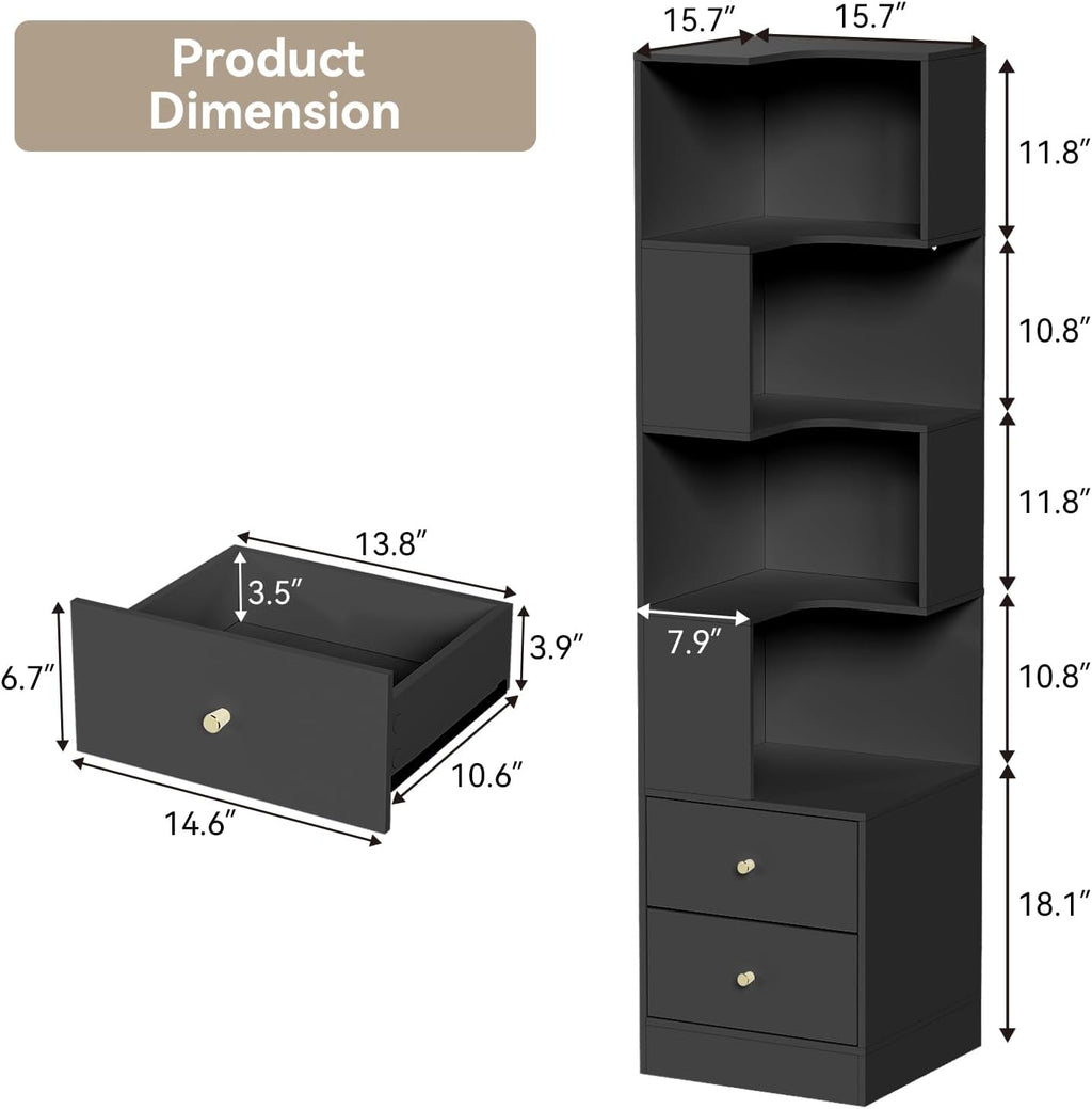 ARTETHYS Corner Shelf with Light 5-Tier Black Storage Cabinet with Drawers Modern Tall Bookshelf Stand for Living Room