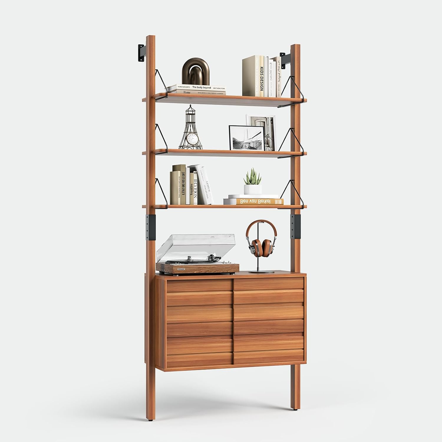 JOINICE, Ladder Bookshelf with Storage Cabinet, Mid Century Modern Wall Mounted Bookcase with Wood and Metal Frame, 6 Tier Open Display Shelves for Living Room, Bedroom, Home Office, Cherry