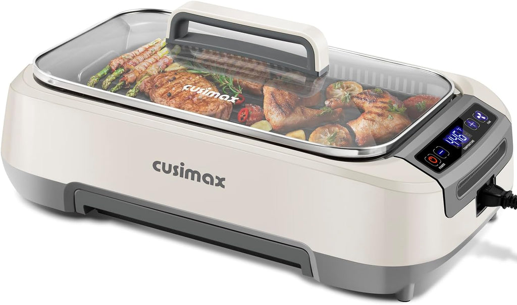 CUSIMAX Smokeless Indoor Electric Grill With Non-stick Removable Plate & Griddle, 1500W Korean BBQ With LED Smart Display & Tempered Glass Lid, White Combo