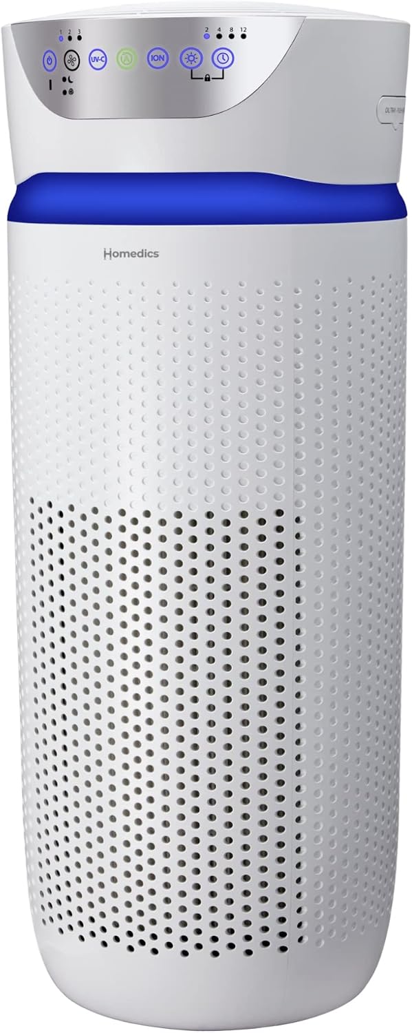 Homedics 5-in-1 UV-C Air Purifier - 360-Degree HEPA Filter for 1,593 Sq Ft, Extra Large Air Purifiers for Bedroom and Home, Essential Oil Pads, Built-In Timer, 5 Speed Settings for Large Rooms, White