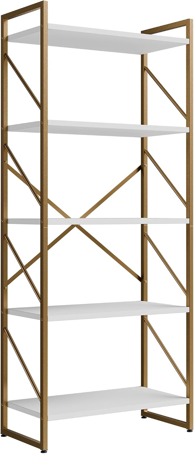 Shintenchi 2 Pieces 5 Tiers Bookshelf, Classically Tall Bookcase Shelf, Industrial Book Rack, Modern Book Holder in Bedroom/Living Room/Home/Office, Storage Rack Shelves for Books/Movies-Gold
