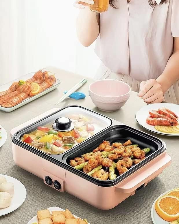JYYBN Electric Grill Indoor Hot Pot, Multifunctional Teppanyaki Grill/Korean BBQ/Shabu Shabu Hot Pot, Non-Stick&Two-Speed Fire Control, for 2-3 People