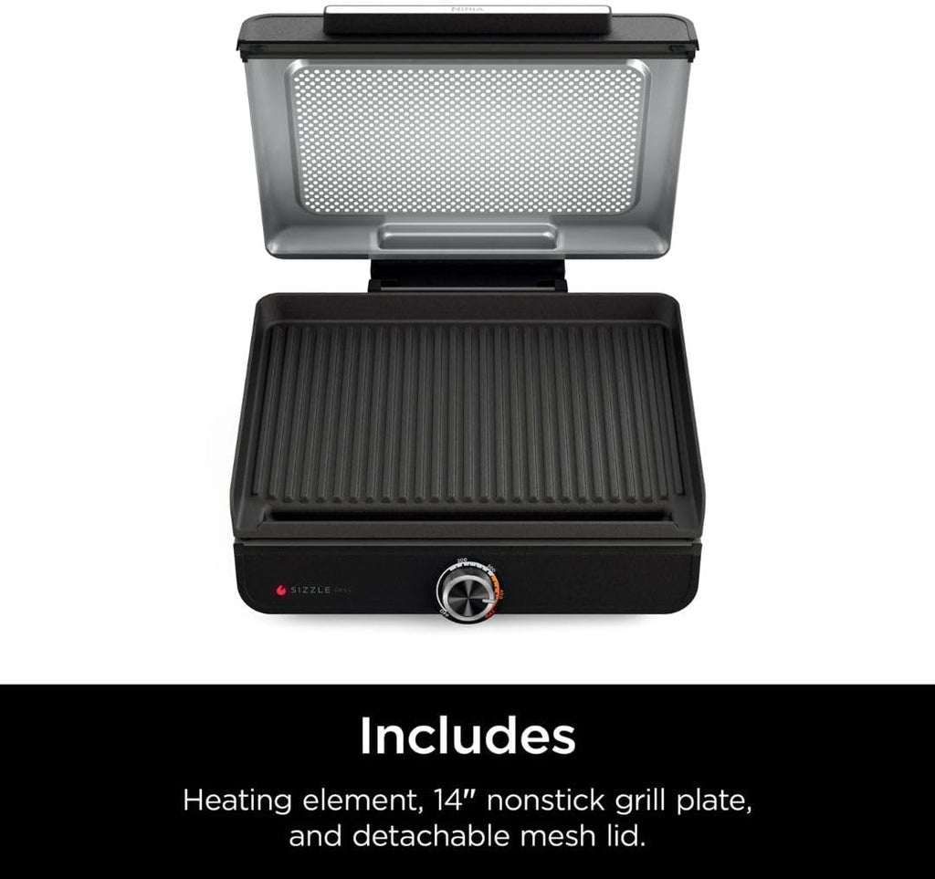 Ninja Sizzle GR100 Smokeless Indoor Grill, 500°F High Heat Kitchen Grill with Nonstick 14-Inch Plate, Low-Smoke Technology, Edge-to-Edge Heating, Family-Sized Capacity, Countertop Cooking Tool