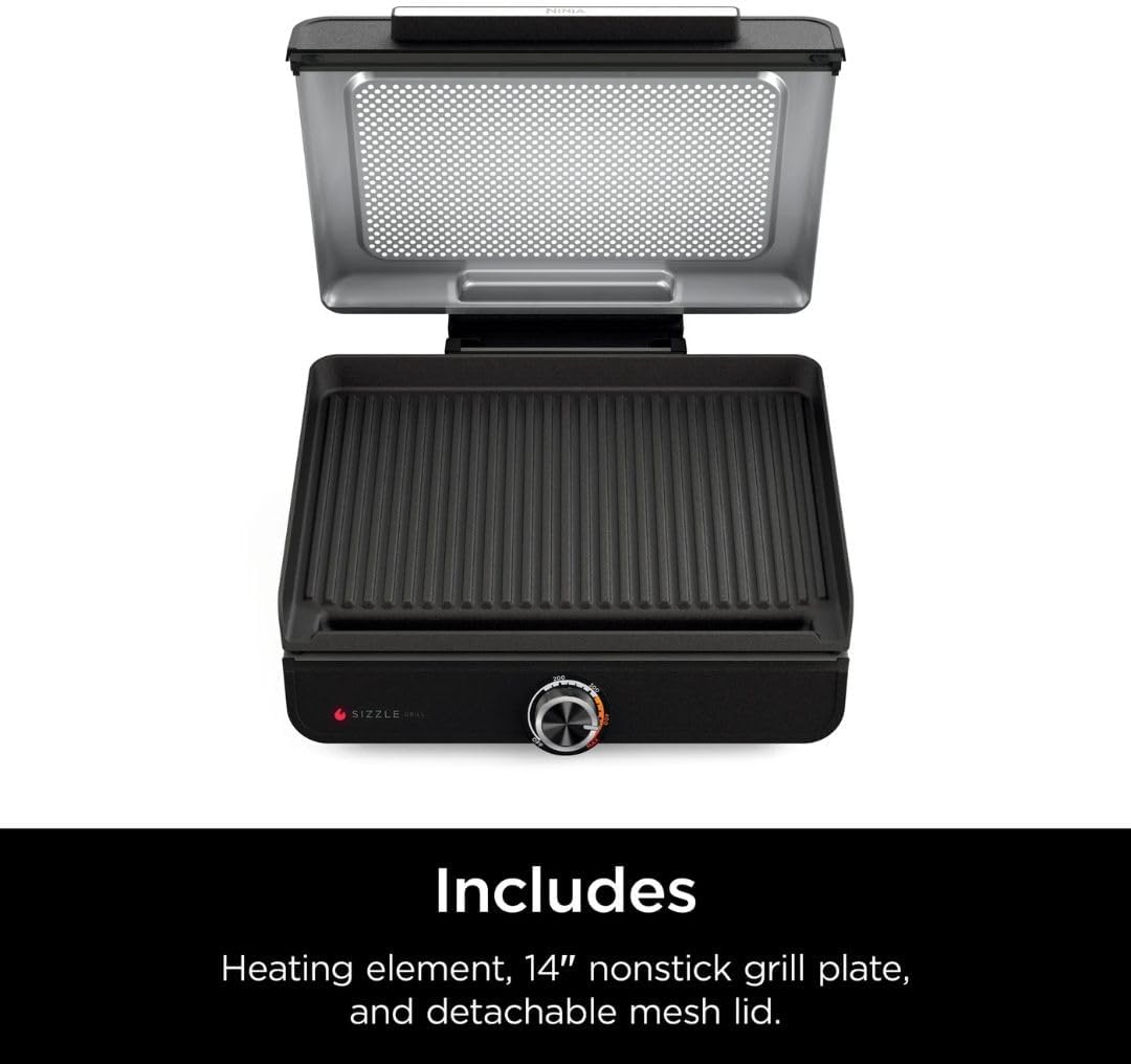 Ninja Sizzle GR100 Smokeless Indoor Grill, 500°F High Heat Kitchen Grill with Nonstick 14-Inch Plate, Low-Smoke Technology, Edge-to-Edge Heating, Family-Sized Capacity, Countertop Cooking Tool