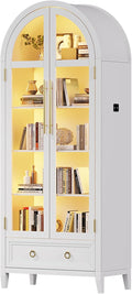 HNEBC Book Shelf with LED Lights, Arched Display Case with Storage Cabinet, Smart File Cabinet with Glass Door, Curio Cabinet with Solid Wood Legs for Home Office/Bedroom Furnniture-White
