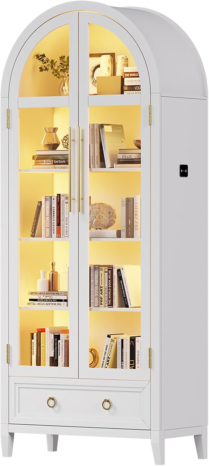 HNEBC Book Shelf with LED Lights, Arched Display Case with Storage Cabinet, Smart File Cabinet with Glass Door, Curio Cabinet with Solid Wood Legs for Home Office/Bedroom Furnniture-White
