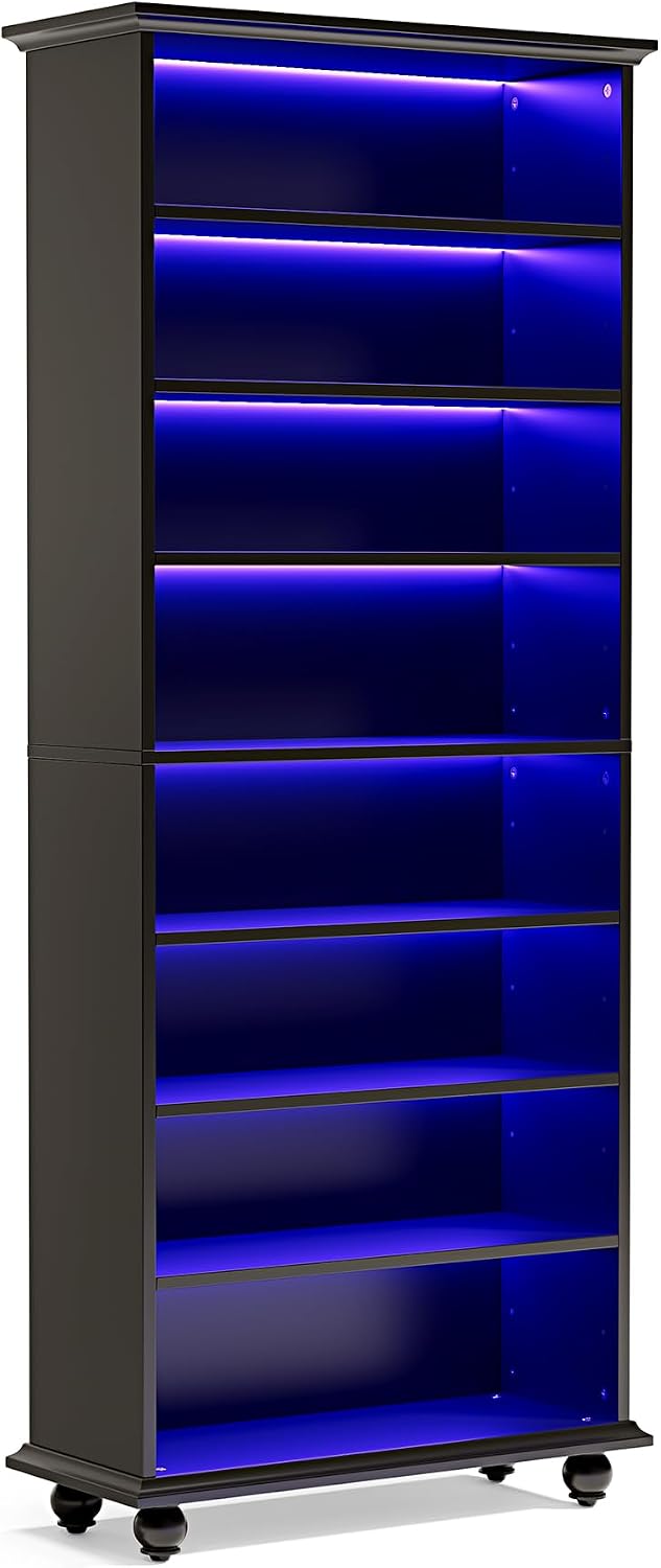 LITTLE TREE 69-Inch Tall Shoe Cabinet with LED Light Strip & Adjustable Shelves, Black Wooden 8-Tier Shoes Display Cabinet for 26 Pairs, Freestanding Modern Shoe Cabinet for Entryway