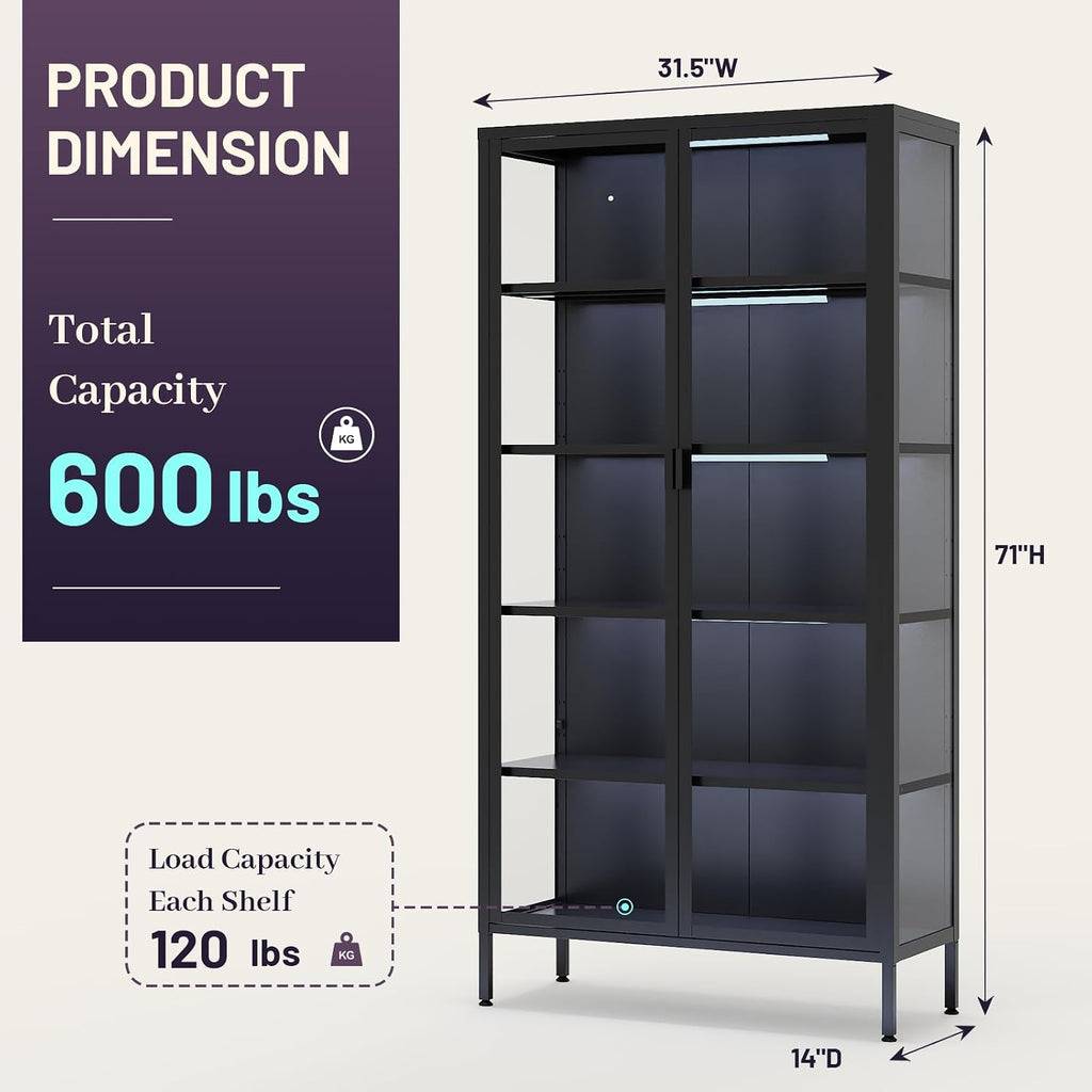 71' H Display Cabinet with Glass Doors,Display Case with LED Sensor Lights,Glass Display Cabinet with Adjustable Shelves and Feet,Display Cabinets for Living Room/Bedroom/Kitchen